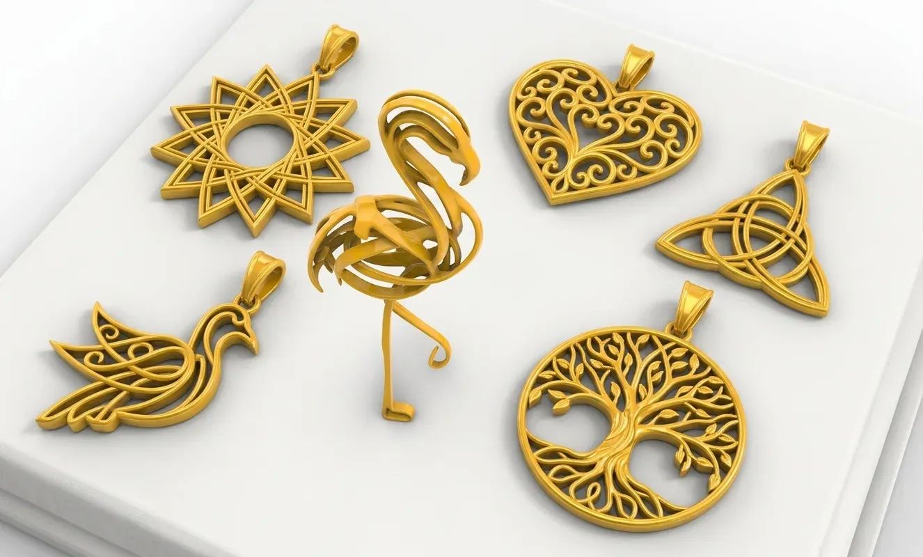 Rendu UbRender : pendentifs dorés sur fond clair.