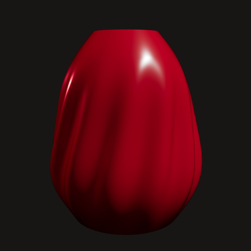 Un vase à paroi ondulée passe du croquis au filaire, à la surface, au matériau puis au prototype imprimé.