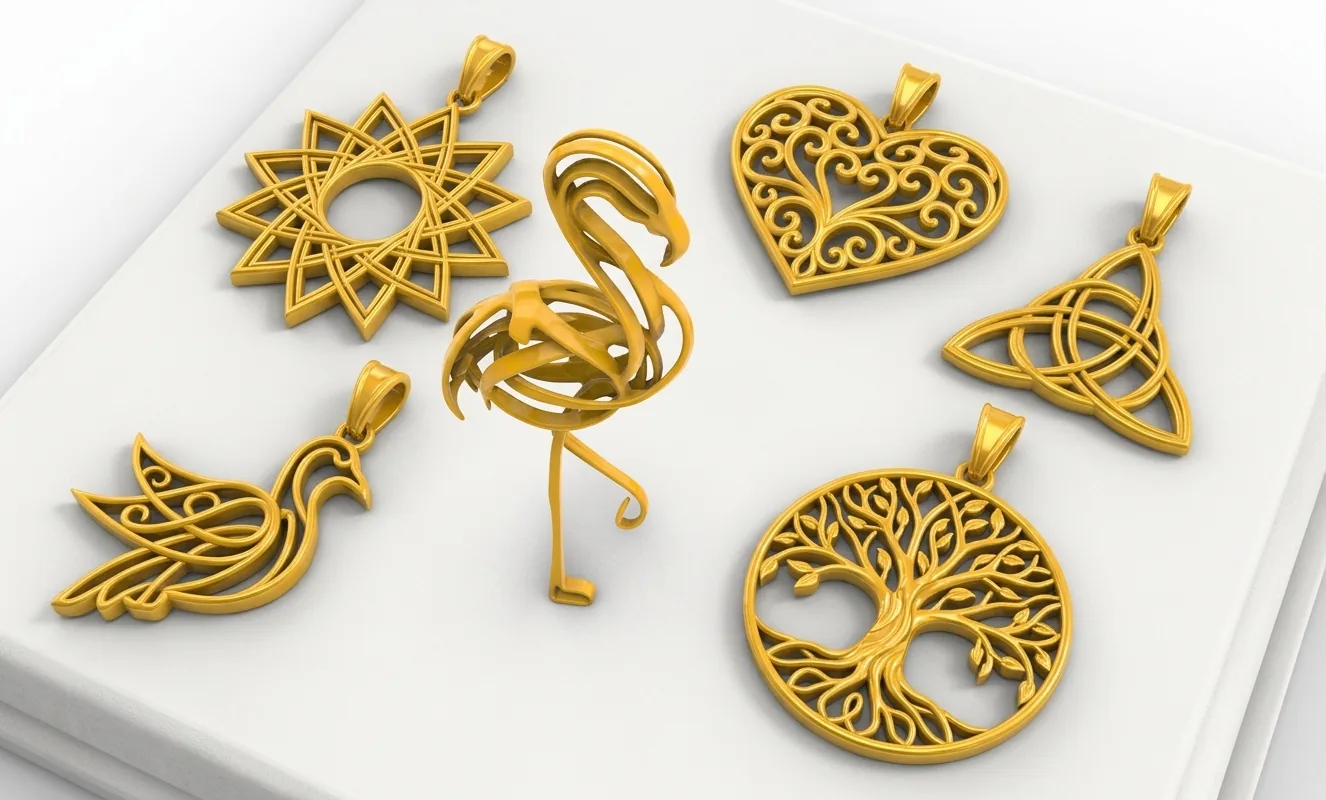 UbRender render: gold pendants on a light background.